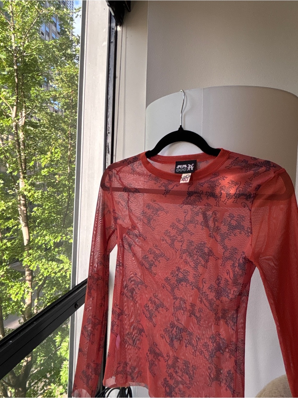 Sheer Printed Mesh Long-Sleeve Top - Orange - Jean Paul Gaultier -Sz40